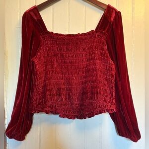 Torrid Red Velvet Smocked Blouse, Corset Silhouette, Gathered Sleeves, sz 1X